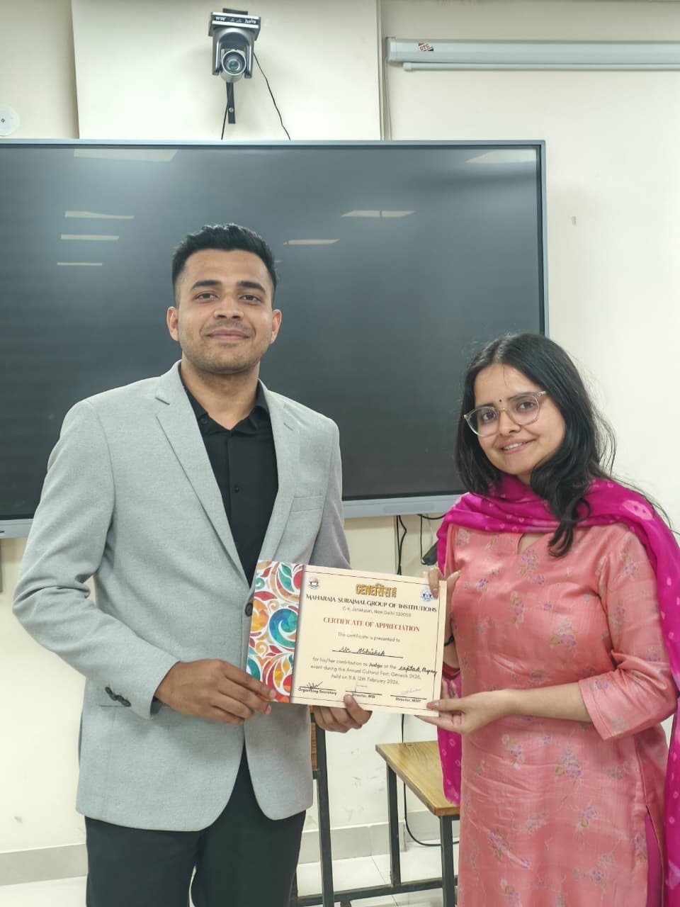 Abhishek honoured with a Certificate of Appreciation as a judge