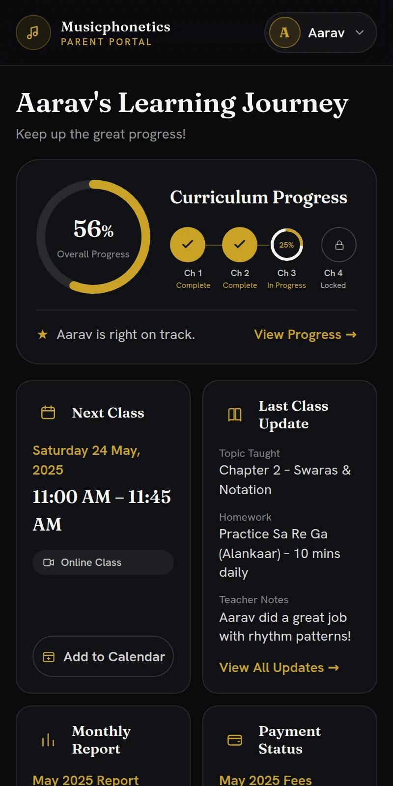 The Musicphonetics parent portal, a child's learning journey, class updates and fees