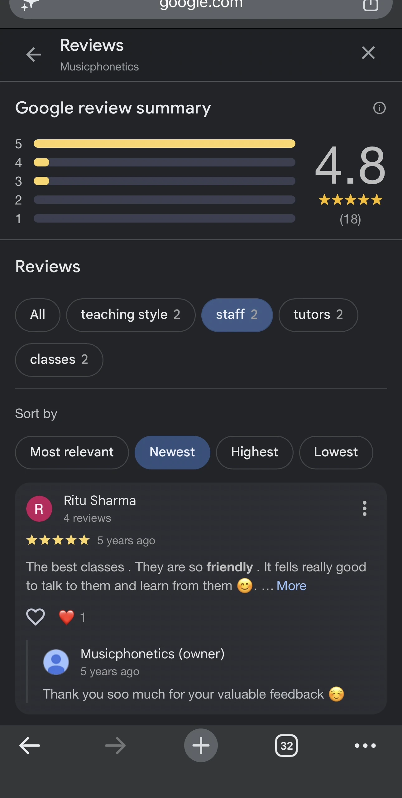 Musicphonetics Google review summary showing mostly 5-star reviews