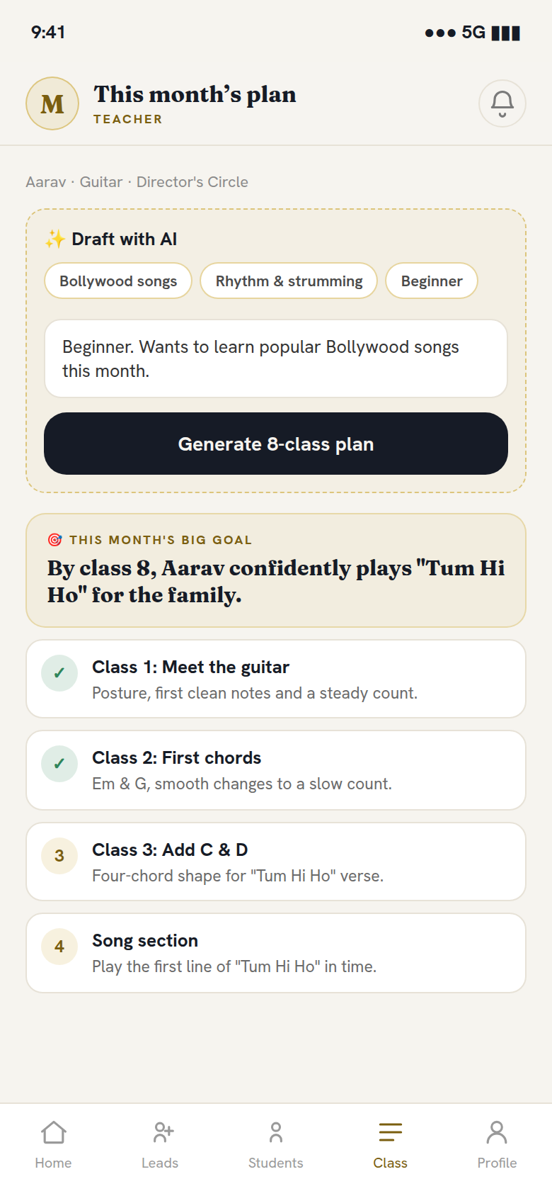 Musicphonetics AI lesson planner generating an 8-class plan